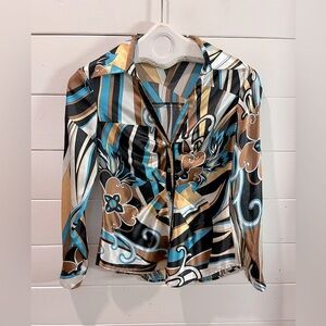 💙 CACHE Blouse – Size S – Bold Retro Print in Blue, Gold & Black vintage
